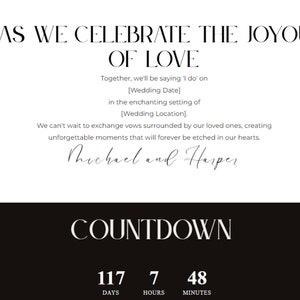 May include: A wedding countdown timer with a black background and white text. The timer shows 117 days, 7 hours, and 48 minutes until the wedding. The text "JOIN US AS WE CELEBRATE THE JOYOUS UNION OF LOVE" is displayed above the timer.