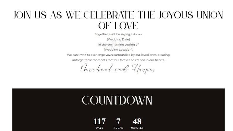 May include: A wedding countdown timer with a black background and white text. The timer shows 117 days, 7 hours, and 48 minutes until the wedding. The text "JOIN US AS WE CELEBRATE THE JOYOUS UNION OF LOVE" is displayed above the timer.