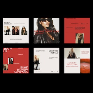 Puede incluir: Un collage de imágenes que promocionan una marca llamada "The Bad Girls Club". Las imágenes muestran mujeres con chaquetas de cuero y gafas de sol. El texto "Creatividad sin límites" también aparece en el collage.