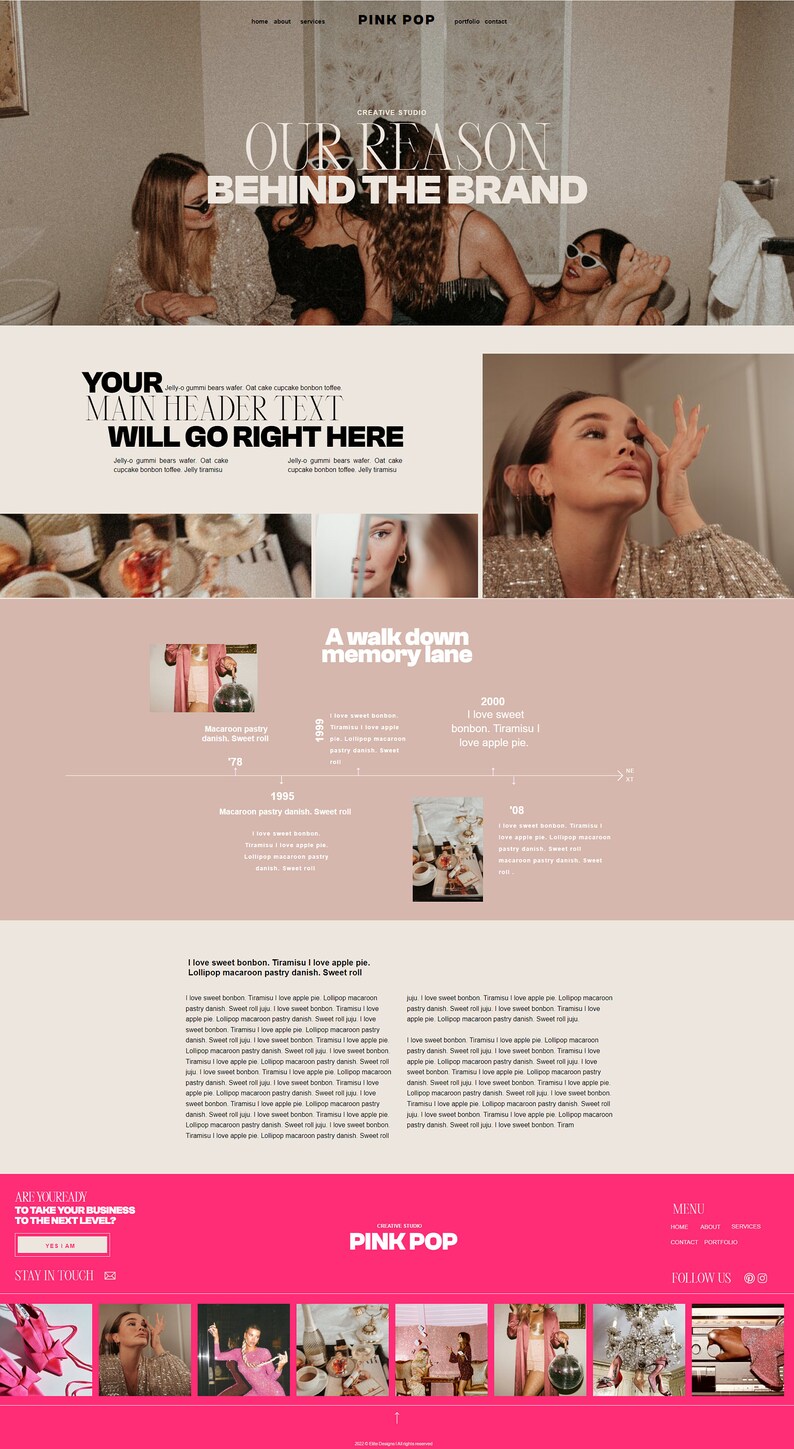 May include: A website homepage for a creative studio called Pink Pop. The website features a pink and white color scheme with a timeline of the studio's history. The timeline includes dates and descriptions of the studio's milestones. The website also features a call to action to learn more about the studio.