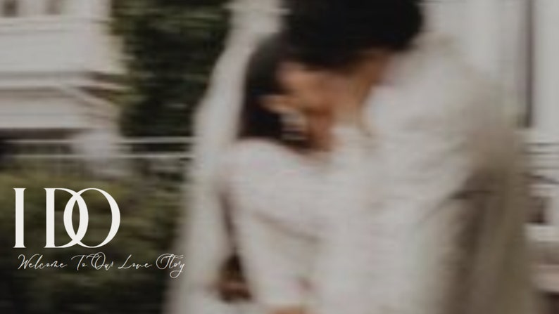 May include: A couple in white clothing is embracing, with the text "I DO" and "Welcome To Our Love Story" in white lettering on a green background.