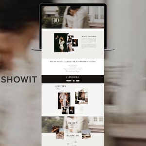 May include: A website screenshot showing a photography portfolio for a wedding photographer. The website is built with Showit, a website builder. The website features a gallery of wedding photos, a contact form, and information about the photographer's services.