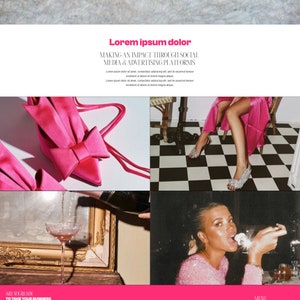 May include: A website homepage for a creative branding agency called Pink Pop. The website features a pink and white color scheme and images of a woman wearing pink clothing and a glass of champagne. The website also includes a call to action to "take your business to the next level".
