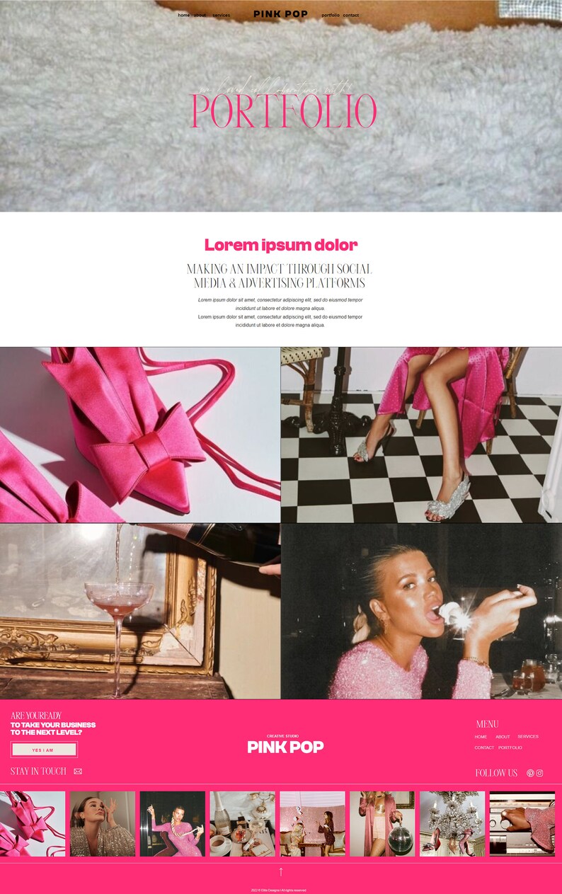 May include: A website homepage for a creative branding agency called Pink Pop. The website features a pink and white color scheme and images of a woman wearing pink clothing and a glass of champagne. The website also includes a call to action to "take your business to the next level".