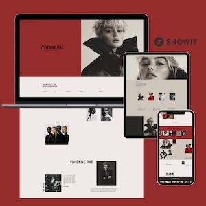May include: A laptop computer displaying a website with a black and white photo of a woman wearing a black jacket. The website text reads "Vivienne Rae" and "New York Film Photographer". The laptop is on a white surface with a tablet and a smartphone displaying the same website.