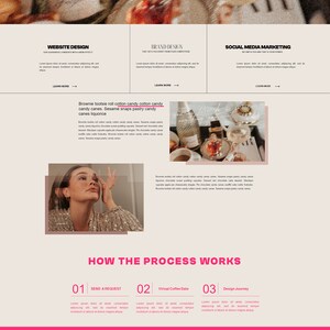 May include: Pink Pop, a creative studio, offers website design, brand design, and social media marketing services. The website features a pink and white color scheme with images of candy, a woman in a sparkly dress, and a coffee cup. The text "Explore All The Offers" is displayed in a bold font.