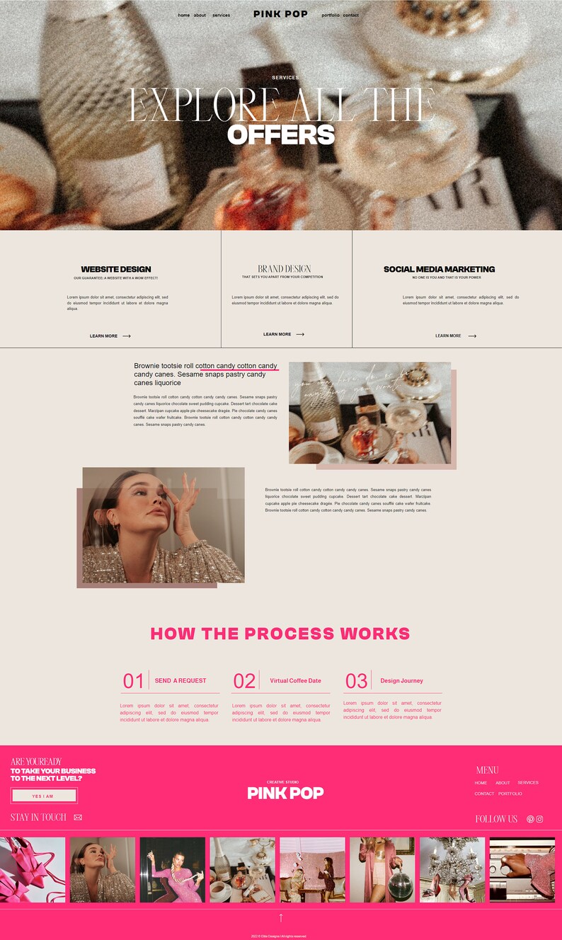 May include: Pink Pop, a creative studio, offers website design, brand design, and social media marketing services. The website features a pink and white color scheme with images of candy, a woman in a sparkly dress, and a coffee cup. The text "Explore All The Offers" is displayed in a bold font.