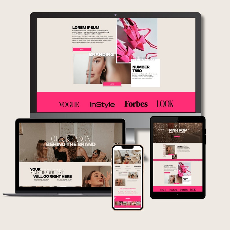 May include: A website design mockup featuring a pink and white color scheme. The website is for a fashion brand and features images of shoes, clothing, and models. The website also includes text such as "Our Reason Behind the Brand" and "Your Main Header Text Will Go Right Here".