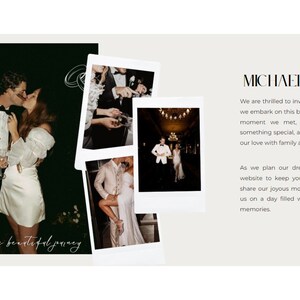 May include: A wedding announcement with a collage of four photos of a couple in black and white. The text reads "MICHAEL AND HARPER" and includes a message about their love story and upcoming wedding.