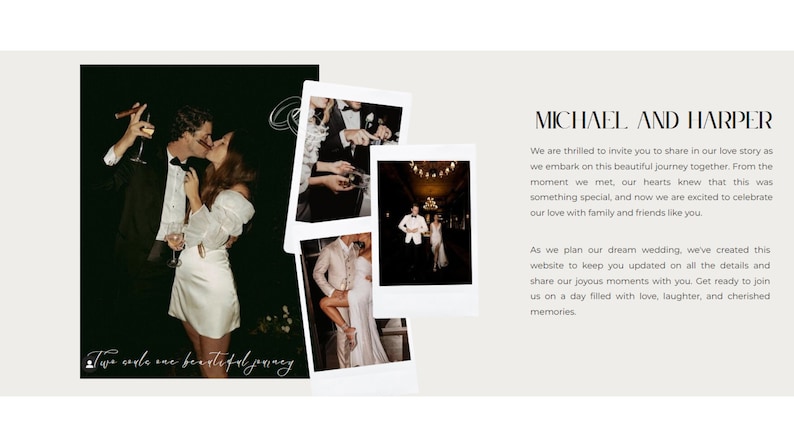 May include: A wedding announcement with a collage of four photos of a couple in black and white. The text reads "MICHAEL AND HARPER" and includes a message about their love story and upcoming wedding.