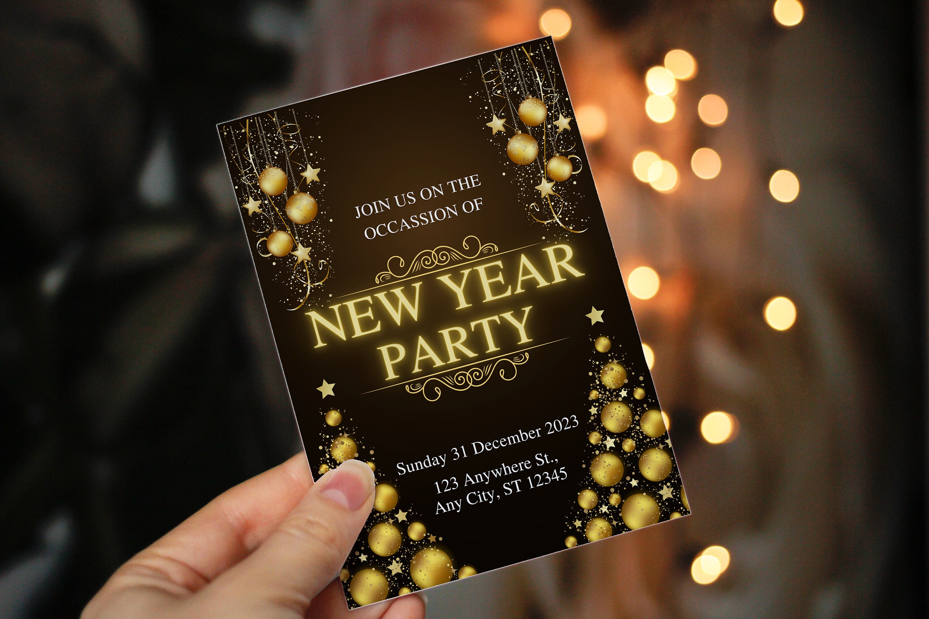 New Year's Eve Party Invitation Template, Stars & Balls Ornaments , New ...