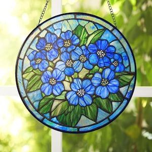Blue Forget-Me-Not Stained Glass Suncatcher, Floral Sun Catcher, Botanical Window Hanging Decor, Gift for Nature Lovers