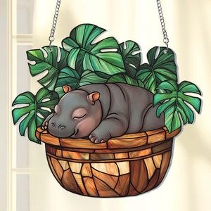 Moo Deng In Monstera Plant Pot Suncatcher Wall Art Decor, Baby Hippo Ornament, Pygmy Hippo Acrylic Hanging, Moo Deng Lover, Moo Deng Memes
