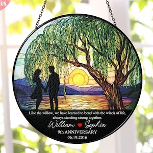9th Anniversary Willow Stained Glass Suncatcher,Custom Willow Tree Wedding Anniversary Keepsake,Wedding Anniversary Gift For Her,Couple Gift