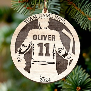 Personalized Hockey Ornament, 2 Layer Wooden Sports Ornament with Name and Custom Text, Sports Jersey, Team Gift Ornament, Hockey Lover