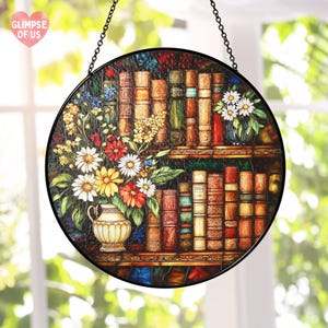 Bookshelf Stained Glass Suncatcher, Vintage Library Window Decor, Literary Stained Glass, Floral BookWindow Hanging, Gift for Book Lovers
