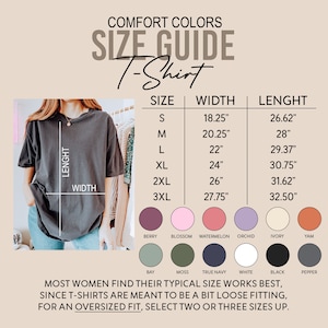 Może przedstawiać: Przewodnik po rozmiarach koszulek Comfort Colors. Tabela przedstawia wymiary w calach dla rozmiar&oacute;w od S do 3XL, z szerokością i długością. Pr&oacute;bki kolor&oacute;w obejmują Berry, Blossom, Watermelon, Orchid, Ivory, Yam, Bay, Moss, True Navy, White, Black i Pepper.