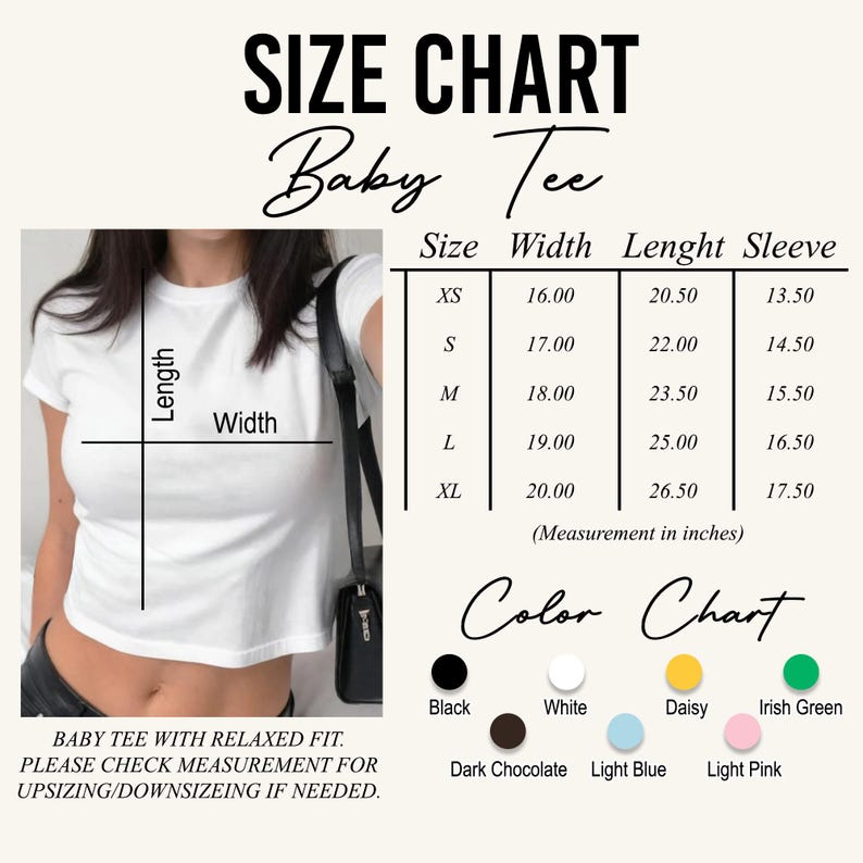 Peut inclure: Tableau des tailles pour un t-shirt b&eacute;b&eacute; &agrave; la coupe d&eacute;contract&eacute;e. Le tableau indique les mesures en pouces pour les tailles XS, S, M, L et XL. Le tableau comprend les mesures de largeur, de longueur et de manche. Les couleurs disponibles sont noir, blanc, marguerite, vert irlandais, chocolat noir, bleu clair et rose clair.