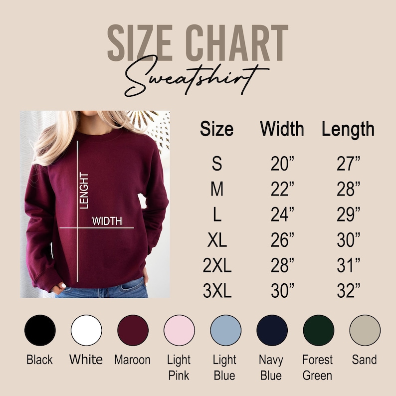 Może przedstawiać: Bordowa bluza z tabelą rozmiar&oacute;w pokazującą wymiary w centymetrach. Tabela zawiera rozmiary od S do 3XL, o szerokościach od 50.8cm do 76.2cm i długościach od 68.6cm do 81.3cm. Opcje kolorystyczne obejmują czarny, biały, bordowy, jasnor&oacute;żowy, jasnoniebieski, granatowy, leśny zielony i piaskowy.