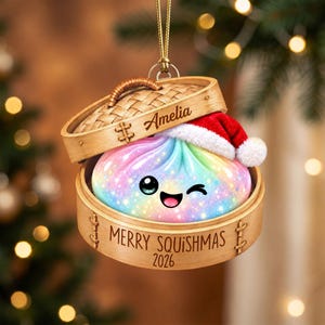 May include: A hanging ornament featuring a bamboo steamer basket containing a rainbow-colored, glittery dumpling with a winking face wearing a Santa hat. The lid is engraved with the name Amelia, and the base reads Merry Squishmas 2026.