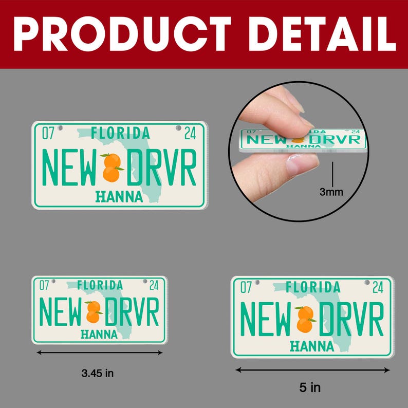 Puede incluir: Una placa de matr&iacute;cula de Florida blanca y verde con el texto "NEW DRVR" y el nombre "HANNA" impreso en ella. La placa de matr&iacute;cula mide 3,45 pulgadas de ancho y 5 pulgadas de largo.