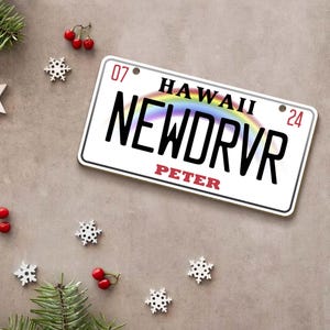 Puede incluir: Placa de matr&iacute;cula de novedad blanca y roja con un arco&iacute;ris y el texto "HAWAII NEWDRVR PETER" y los n&uacute;meros "07" y "24".