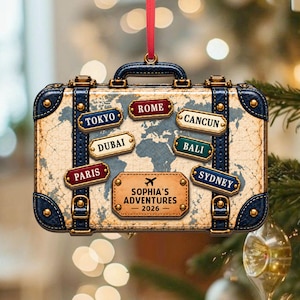 Puede incluir: Un adorno navideño con forma de maleta y fondo de mapa mundial vintage. Tiene bordes azul oscuro, detalles dorados y etiquetas para Tokio, Roma, Cancún, Dubái, Bali, París y Sídney. Una etiqueta central dice SOPHIA'S ADVENTURES 2026.