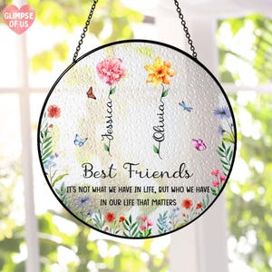 Friendship Stained Glass Suncatcher, Personalized Best Friends Window Hanging, Birth Month Flower Decor, Sisters Gift,Besties Birthday Gifts