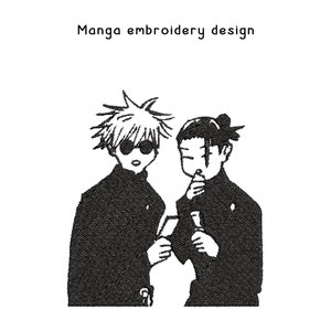 May include: Black and white line art embroidery design of two anime characters. The character on the left is wearing sunglasses and a collared shirt. The character on the right is wearing a collared shirt and has their hand near their mouth.