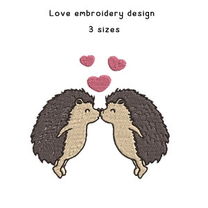 May include: Embroidered design of two hedgehogs kissing with pink hearts above them.  Love embroidery design, 3 sizes.