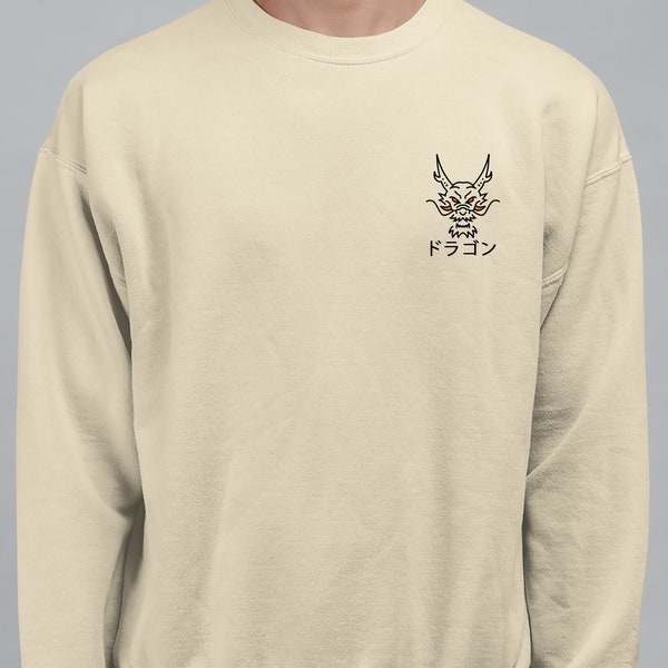 Sweat beige Dragon Japonais, Pull design japonais, pull brodé dragon