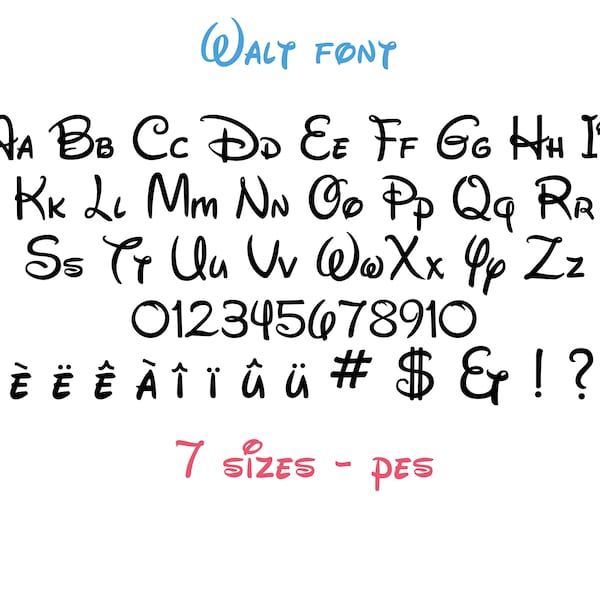 Fichier de police de broderie Walt Font, Broderie Walt Police, Souris Alphabet PES