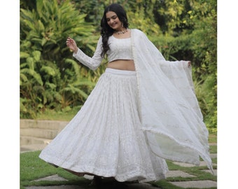 Adorable Lehenga Choli blanco étnico para mujer, listo para usar, diseñador Lucknowi Lengha Choli, trajes tradicionales indios de Ghagra Choli