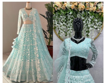 Choli For Bride Luxurious Sky Wedding Lehenga Choli For Women Butterfly Net With Thread And Sequence Work Lehenga Choli For Bridesmaids