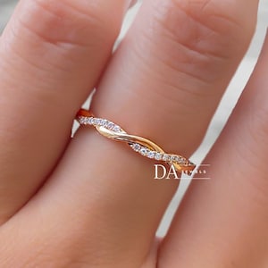 Twisted Wedding Band 14K Gold Infinity Twisted Band Half Eternity Dainty Stacking Ring Moissanite Petite Twist Ring Womens Matching Band