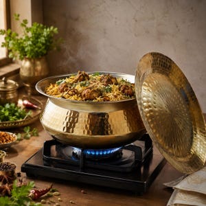 Traditionellt mässingsköksredskap Handi, mässingsgryta för curry, dal, ris och biryani, servering, restauranghotell heminflyttningspresenter