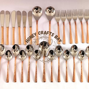Pure Copper & Stainless Steel Flatware Cutlery Set, 3 Serving Spoon, 6 Table Spoon, 6 Dessert Spoon, 6 Knife, 6 Fork, Dinnerware Tableware image 1
