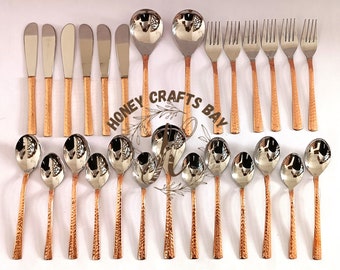 Hammered Copper Accent Stainless Steel Flatware Set - 27 Piece Indian Cutlery