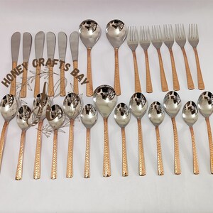 Pure Copper & Stainless Steel Flatware Cutlery Set, 3 Serving Spoon, 6 Table Spoon, 6 Dessert Spoon, 6 Knife, 6 Fork, Dinnerware Tableware image 2