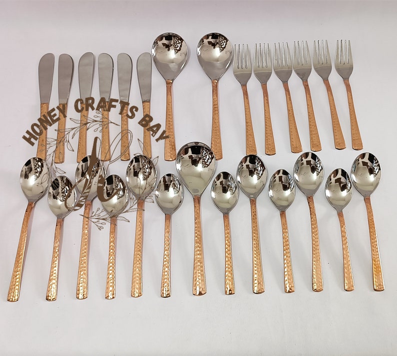 Pure Copper & Stainless Steel Flatware Cutlery Set, 3 Serving Spoon, 6 Table Spoon, 6 Dessert Spoon, 6 Knife, 6 Fork, Dinnerware Tableware image 2