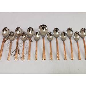 Pure Copper & Stainless Steel Flatware Cutlery Set, 3 Serving Spoon, 6 Table Spoon, 6 Dessert Spoon, 6 Knife, 6 Fork, Dinnerware Tableware image 3