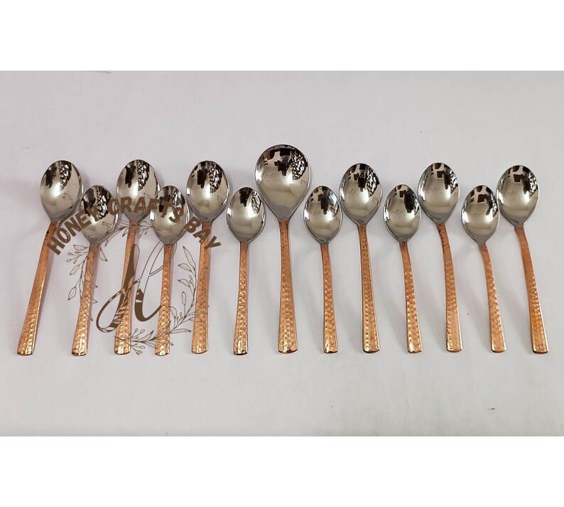 Pure Copper & Stainless Steel Flatware Cutlery Set, 3 Serving Spoon, 6 Table Spoon, 6 Dessert Spoon, 6 Knife, 6 Fork, Dinnerware Tableware image 3