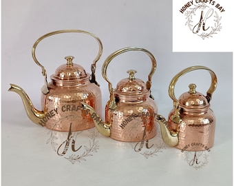 Handmade Copper Tea Kettle with Brass Handle - Hammered Finish