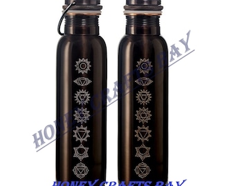 Handmade Copper Water Bottle, 7 Chakras Engraved Design, Yoga Gift
