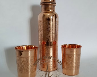 Antique Engraved Copper Water Bottle, Leak Proof Copper Bottles 32 Oz, Emboss Finish Water Bottle, Copper Emboss Finish Glass, Gifts For Her