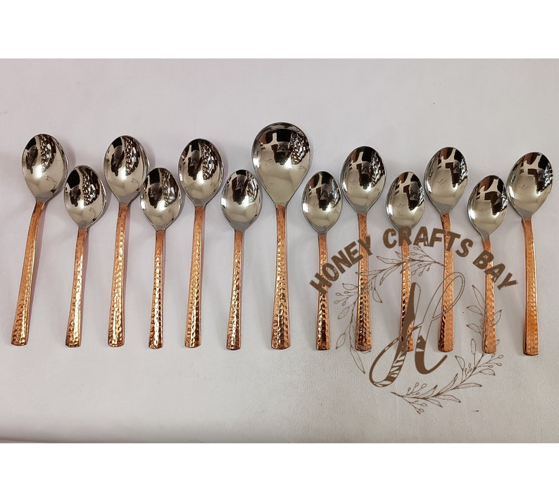 Pure Copper & Stainless Steel Flatware Cutlery Set, 3 Serving Spoon, 6 Table Spoon, 6 Dessert Spoon, 6 Knife, 6 Fork, Dinnerware Tableware image 4