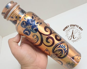 Handmade Pure Copper Water Bottle: Printed Design, 34 OZ