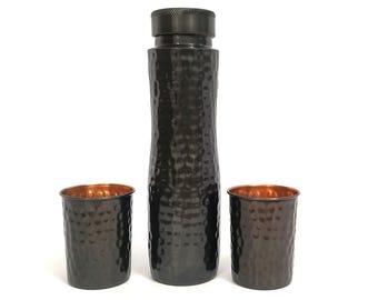 Handmade Black Hammered Copper Water Bottle with Tumbler Set