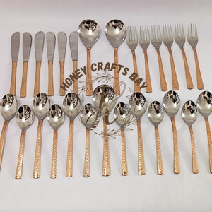 Pure Copper & Stainless Steel Flatware Cutlery Set, 3 Serving Spoon, 6 Table Spoon, 6 Dessert Spoon, 6 Knife, 6 Fork, Dinnerware Tableware image 5