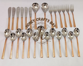 Vintage Hammered Copper Handle Flatware Set: Stainless Steel Tableware (27 Piece)